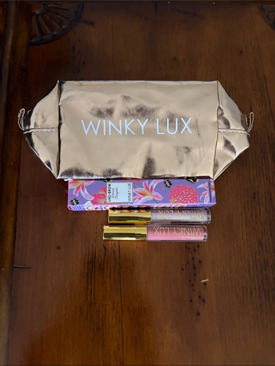 WINKY LUX Other - WINKY LUX makeup bag with Pink and Clear Lip Gloss Duo brow pencil new